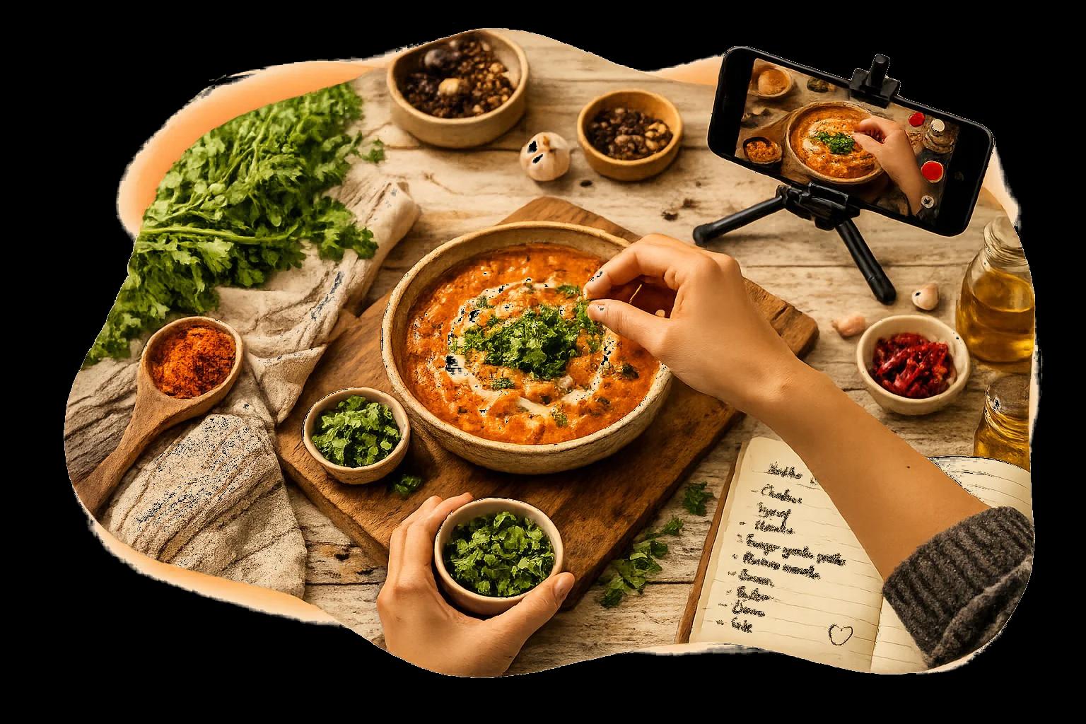 Food creator recording and preparing a homemade recipe