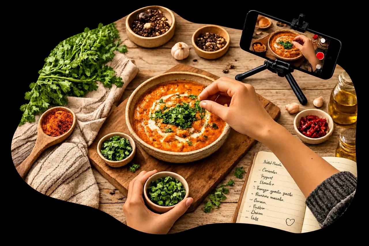 Food creator recording and preparing a homemade recipe