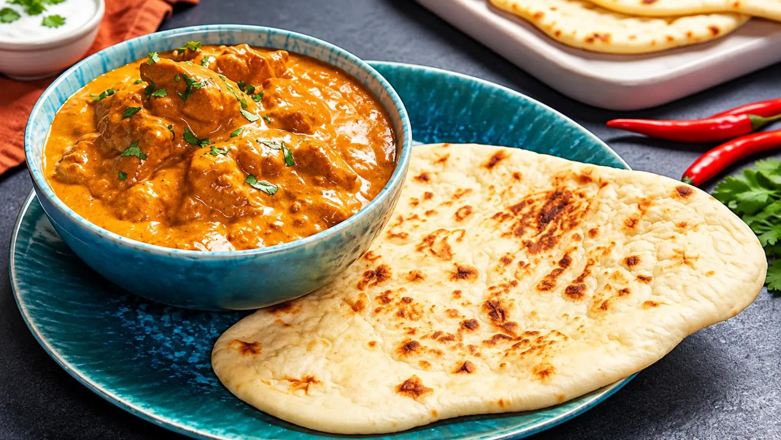 Butter chicken in a blue bowl served with naan on a matching plate.