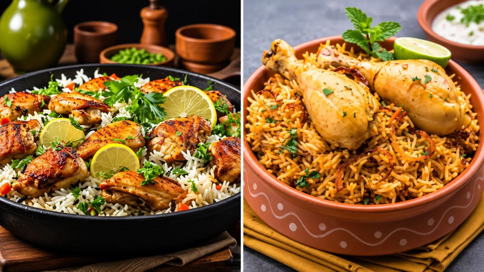 Side-by-side chicken biryani comparison, with rice and chicken in a black pan and a terracotta pot.