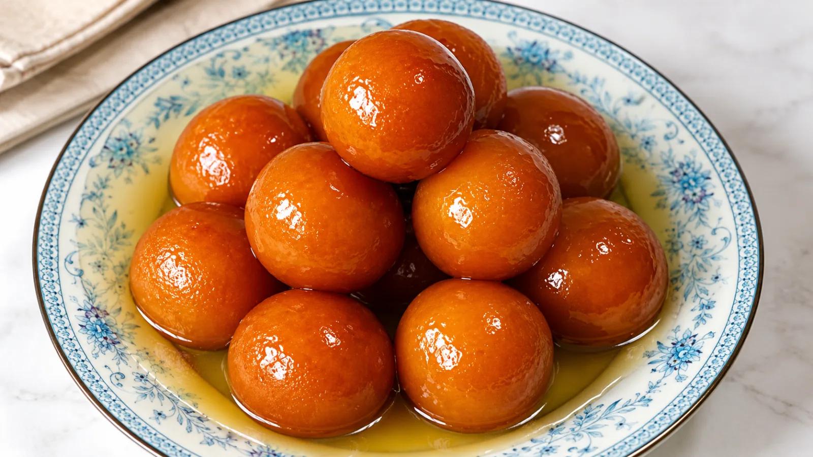 Glossy golden-brown Gulab Jamuns sitting in sugar syrup in a blue floral ceramic bowl.