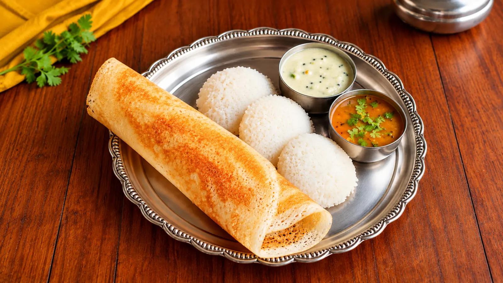 Golden dosa and soft idlis served with coconut chutney and sambar on a steel platter.