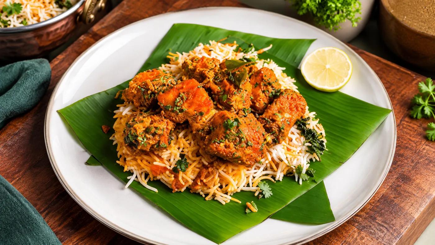 A home-style paneer biryani with long-grain rice and spiced paneer served on a banana leaf.