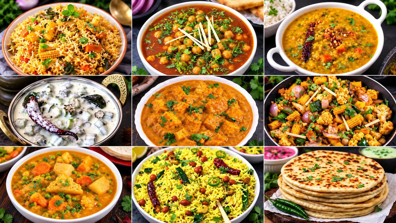 Nine-panel collage of Indian dinner dishes, including rice, paneer, curries, vegetables and flatbread.