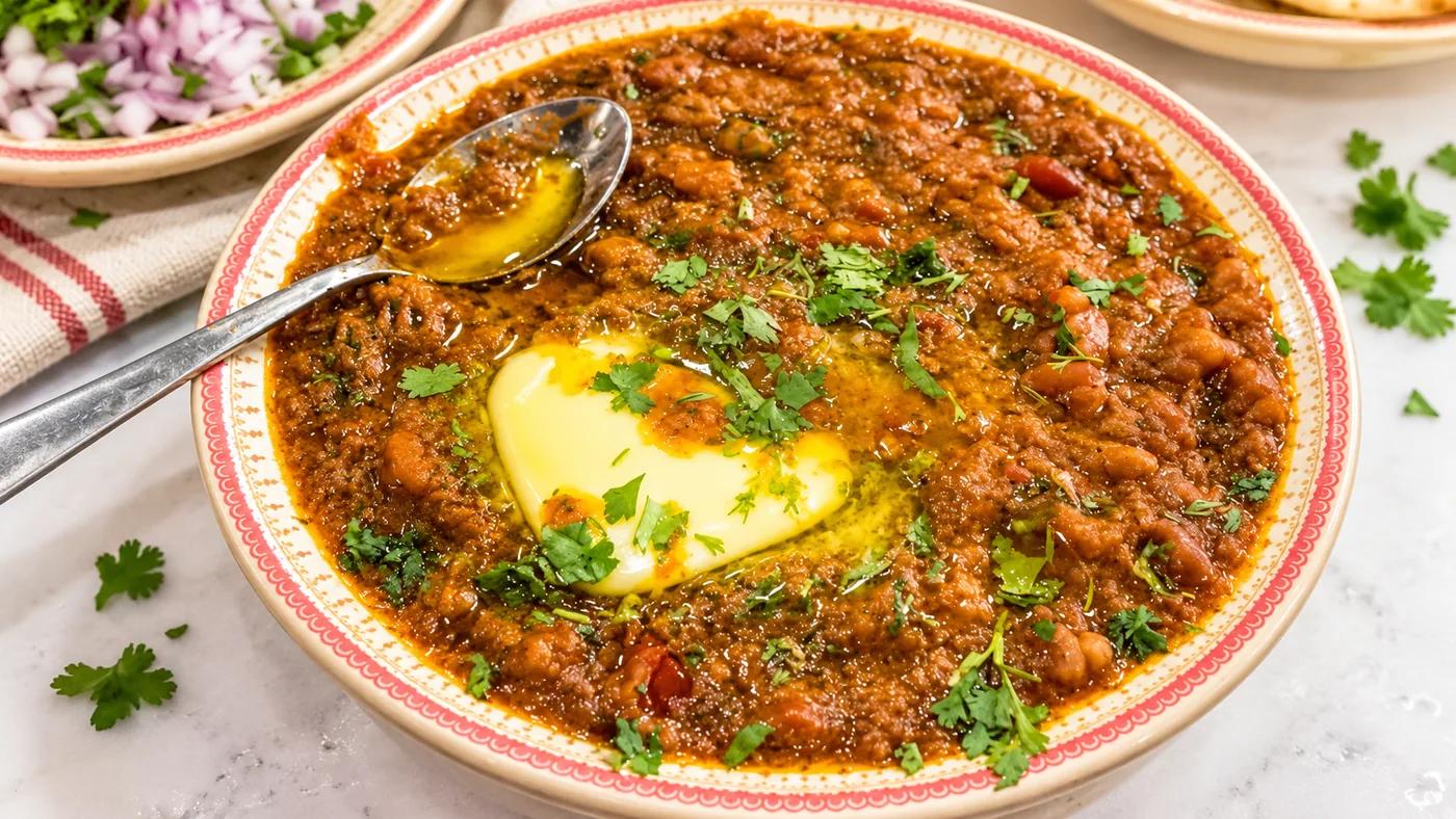 Mumbai-style pav bhaji with a pat of butter and fresh coriander on top, served with chopped onion.