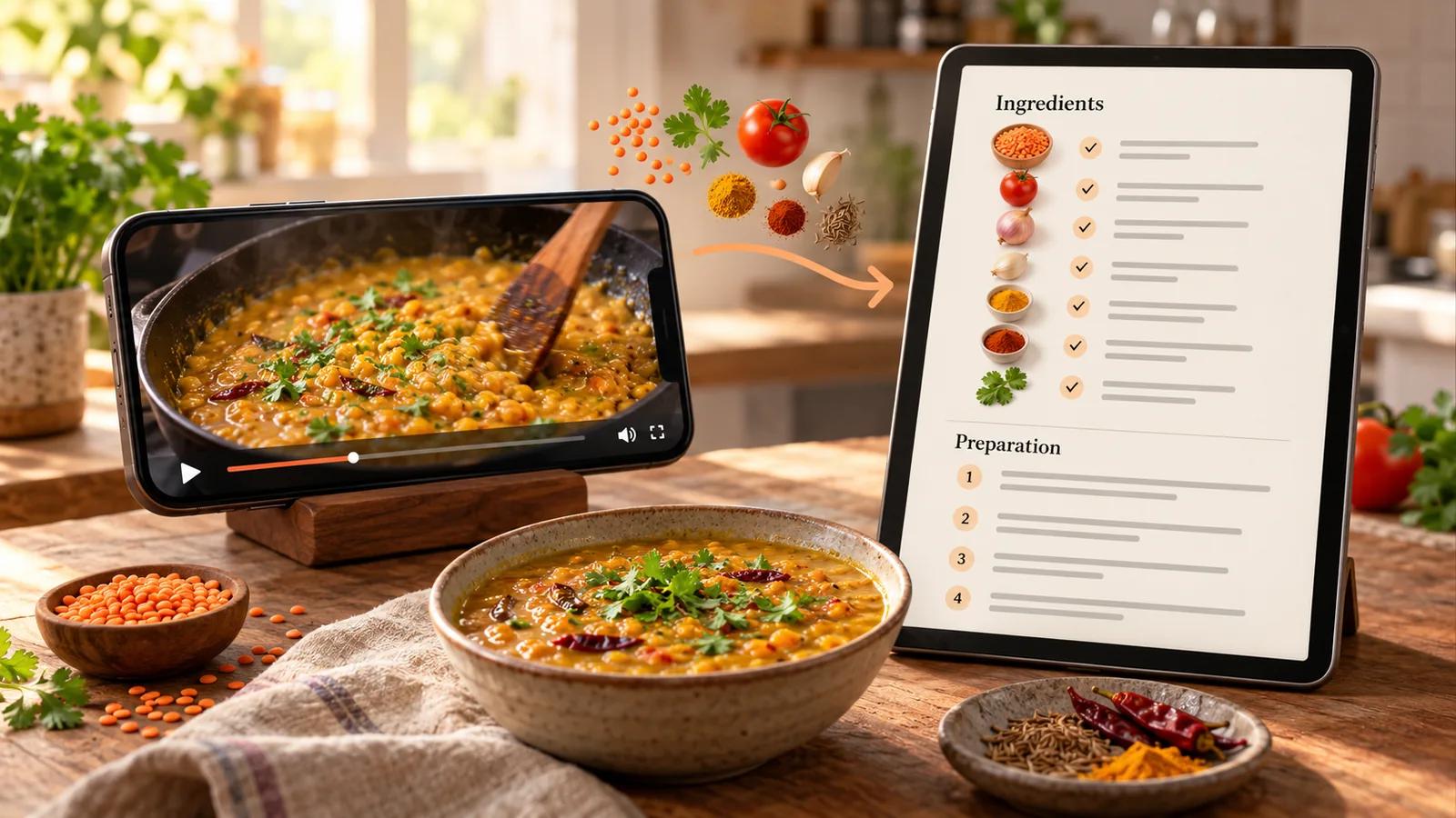 A phone showing a cooking video beside a tablet with a structured ingredient list and numbered recipe steps, with a bowl of dal in front.