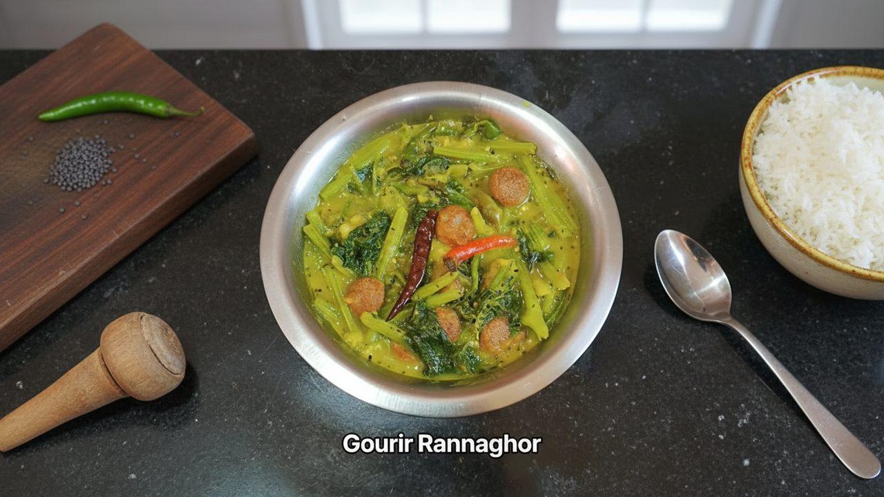 Lau Shak (Bottle Gourd Greens) with Potato, Eggplant, and Bori