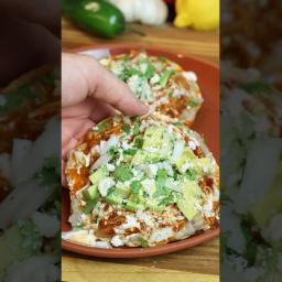 Shredded Chicken Tostadas with Red Sauce