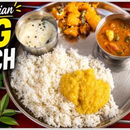 South Indian Veg Lunch Thali (Pumpkin Poriyal, Kara Kuzhambu, Pudina Raita, Dal, Rice) - Gita's Kitchen