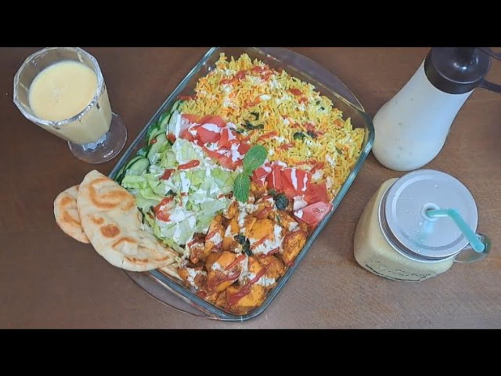 NYC Halal Chicken Over Rice Platter with Mango Lassi