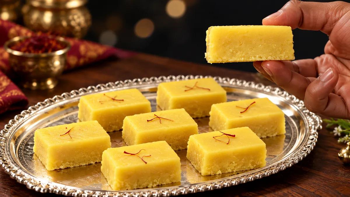 Soft golden Mysore Pak pieces showing a delicate texture, arranged on a brass serving tray with one piece held above it.