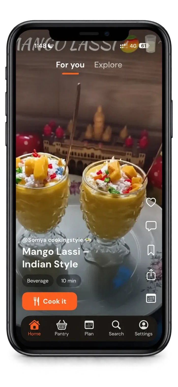 Sweet'N'Spicy mobile recipe feed inside a smartphone